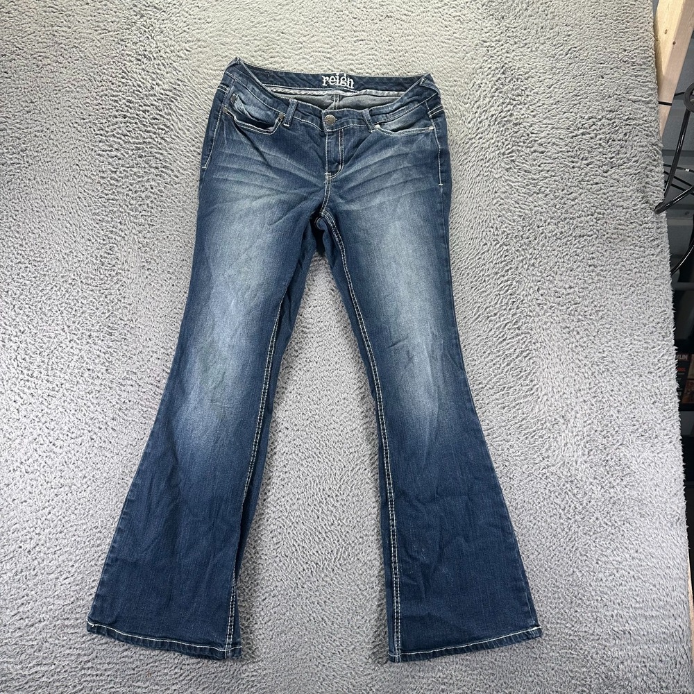 Reign Jeans Women 11 Blue Cotton Denim Flared Curvy Faded Utility Travel Stretch